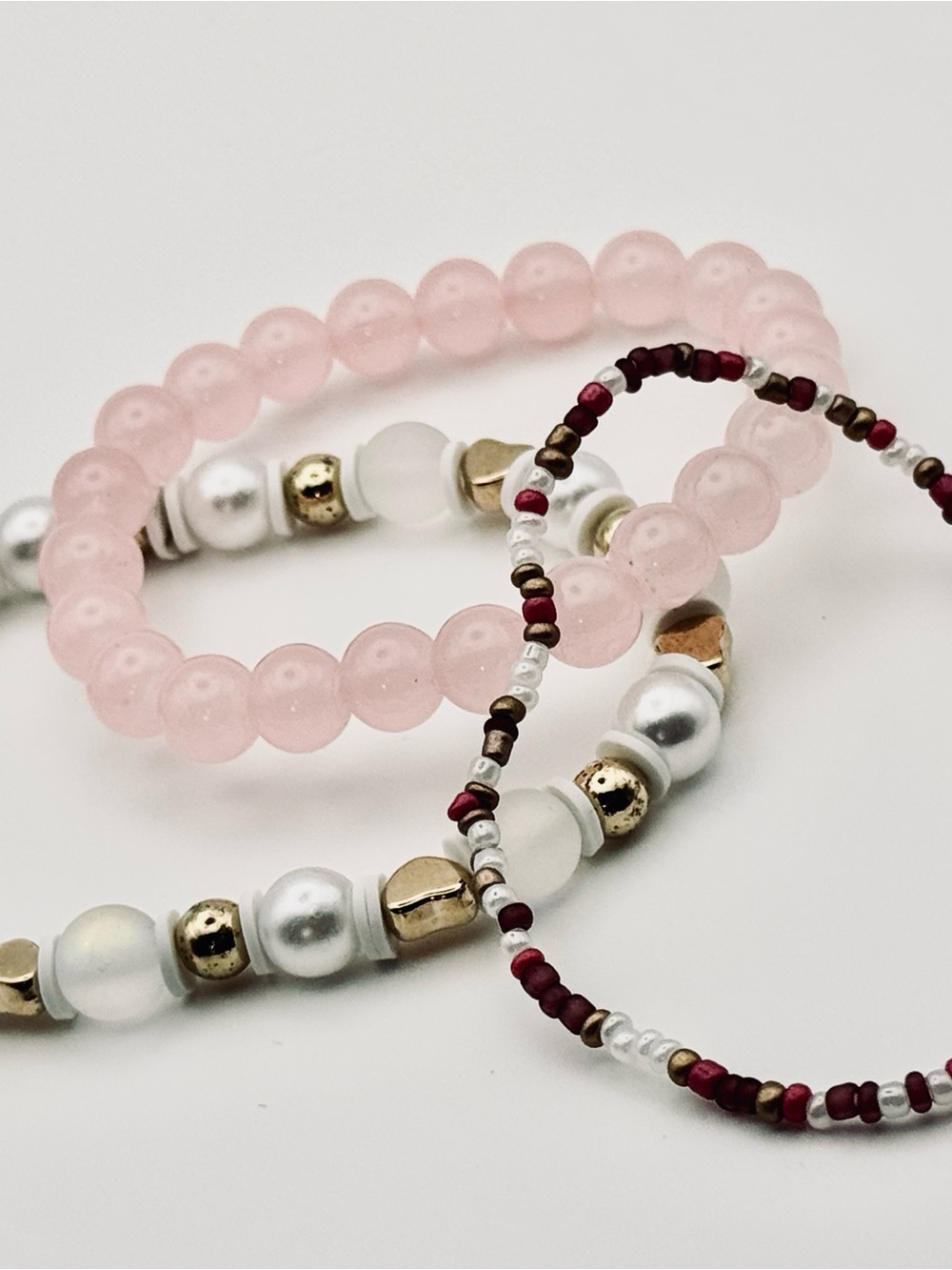 Hand Crafted Rose Pink and Maroon Beaded Bracelet Set